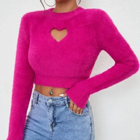 Comfy Heart Cut Out soft Fuzzy hot pink knit Sweater top - Picture 3 of 6